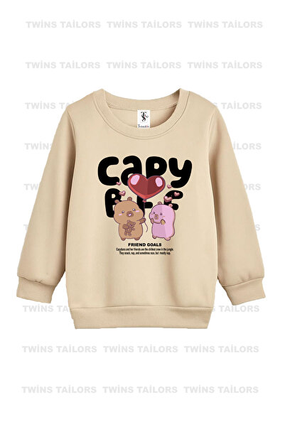 twins tailors Капибара и плюшено мече, печатани в бежово-сиво-кафяво, трислойна велосипедна блуза за момичета с подплата от полар