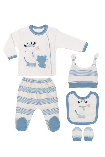 BYS BABY FASHION %100 Pamuklu Sevimli Zürafa Desenli 5 'li Yenidoğan Erkek Bebek Hastane Çıkış Seti Kutulu