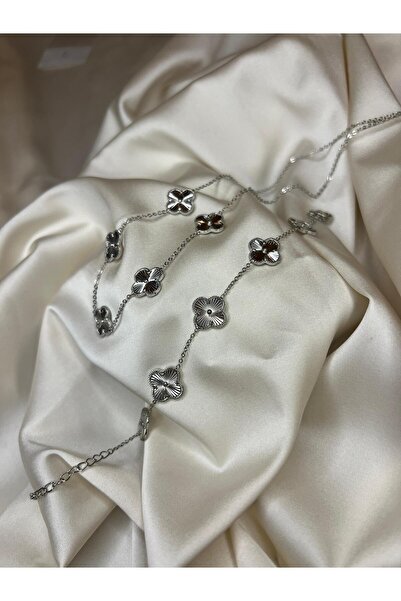 Roha Yüksek Kalite Paslanmaz Silver Clover Kolye/Bileklik Set