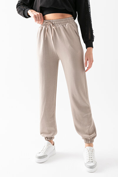 CNRCollection Γυναικείο παντελόνι Modal σε χρώμα πέτρας, ελαστικό, ψηλόμεσο, με τσέπες, μαλακή υφή, λεπτομέρεια από λάστιχο στο πόδι