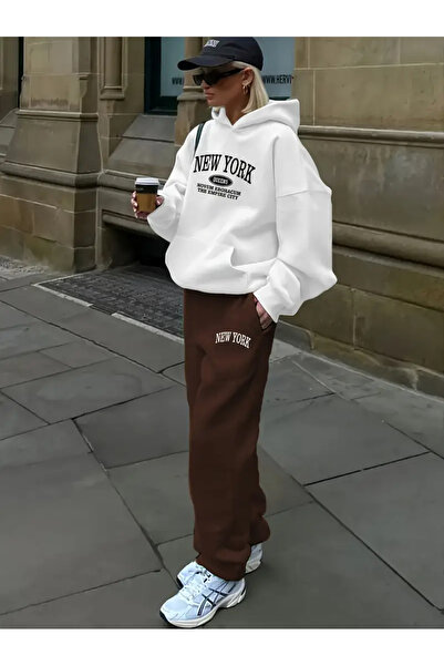 LOUİSA Γυναικείο σετ με κουκούλα με στάμπα NewYork-Καφέ Φούτερ