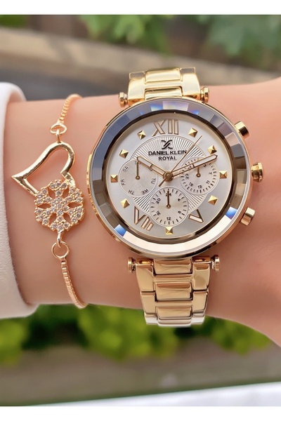 Daniel Klein Royal Kadın Kol Saati – Altın Çelik Kordon – Takvimli & Taşlı Yonca Bileklik Hediyeli