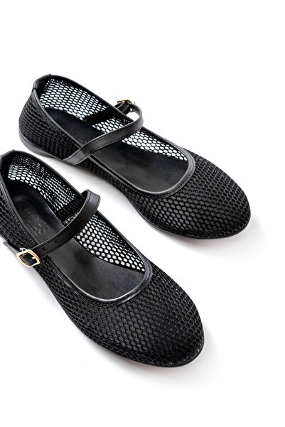 Budi 6325 Black Mesh Helmet Buckle Detailed Daily Women's Ballerinas