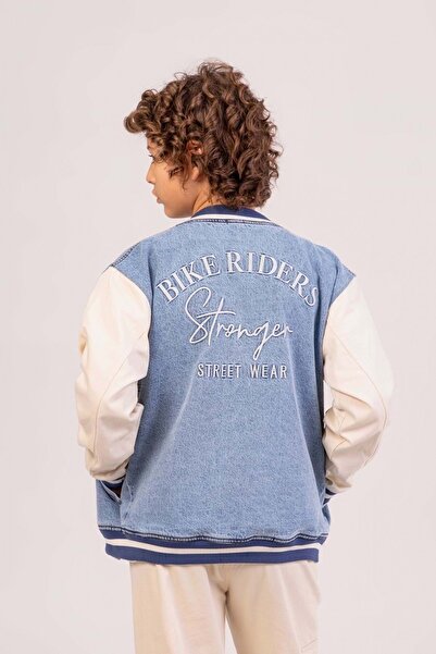 ww waka waka kids store Jachetă de colegiu din denim pentru băieți – Design streetwear fără glugă cu broderie pentru motocicliști