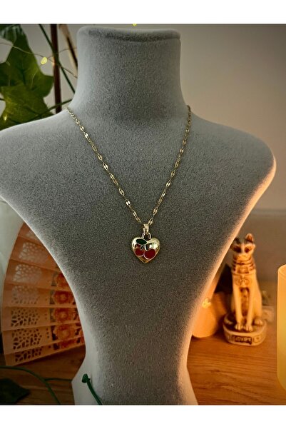Aşk Kirazı Kalp Formlu Kiraz Figürlü Mine Detaylı 316L Çelik Gold Kadın Kolye – Cherry Love