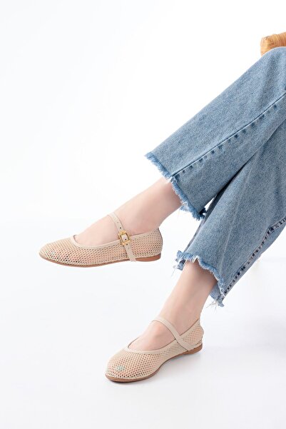 Budi 6325 Beige Mesh Helmet Buckle Detailed Daily Women's Ballerinas