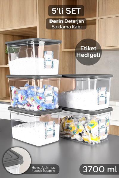 Meleni Home 5-Pack Detergent Storage Box with Labels - Transparent Deep Bathroom Tablet Powder Detergent Box 3.7 Liters