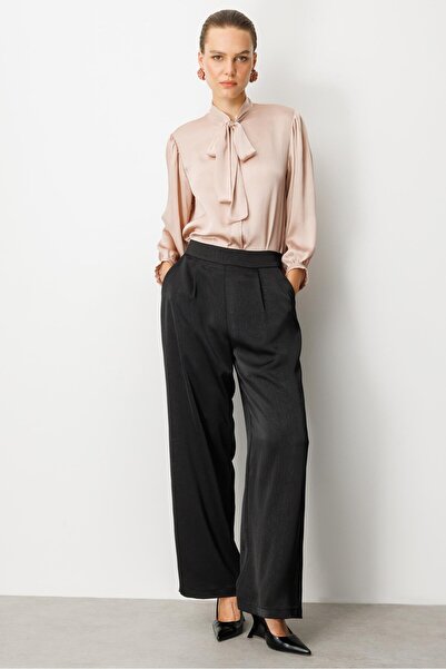 accort Arkası Lastikli Crash Kumaş Pantolon-SİYAH