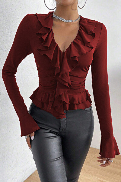 Edela Uzun Kollu V Yaka Fırfırlı Bluz