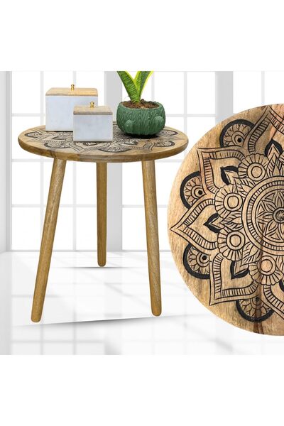 Souq DESIGNS Side Table Wooden Accent Round 3 Legs, Hand-Carved for Living Room, Bedroom-50 cms