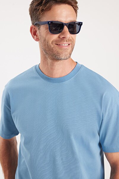 Tudors Ανδρικό μπλουζάκι με φαρδιά εφαρμογή, 100% βαμβάκι, μπλε μπλουζάκι με λαιμόκοψη