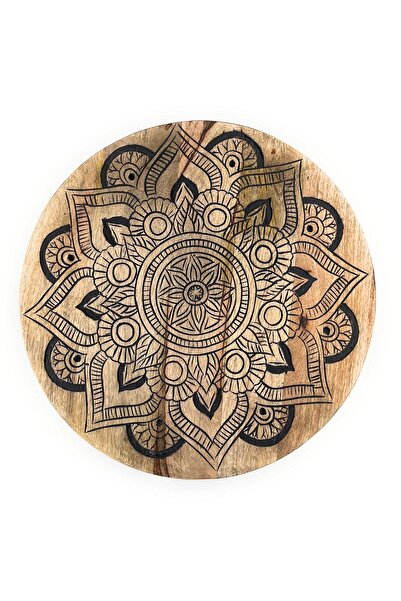 Souq DESIGNS Side Table Wooden Accent Round 3 Legs, Hand-Carved for Living Room, Bedroom-50 cms