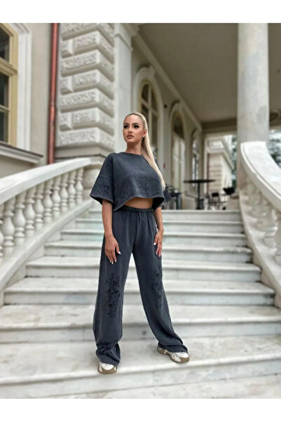 voilaromania Set trening dama, 100% bumbac, pantaloni largi cu talie inalta s...