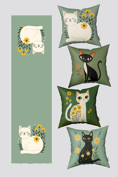 EsnafAli طقم مكون من 4 أغطية وسائد و1 مفرش طاولة بنمط قطة خضراء لطيفة