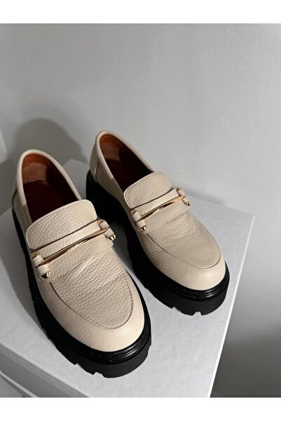 Eataly Shoes 23K.008 Hakiki Deri Bej Siyah Taban Oxford Kadın