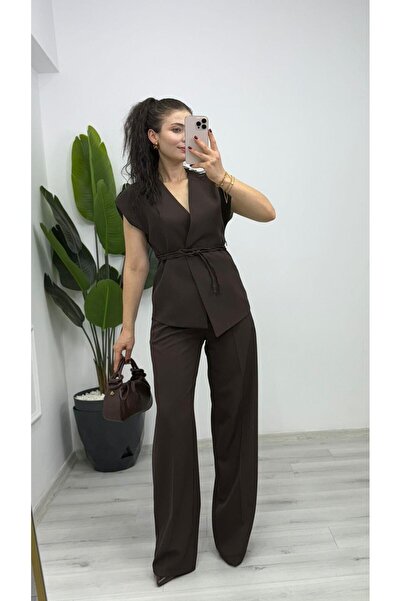 TUNAM BUTİK 1965 Anvelop Lace-Up Sleeveless Vest Suit Brown