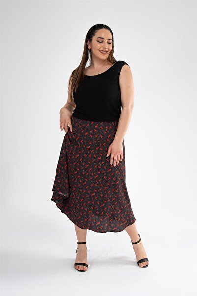 Roxxlen 210040 Жіноча велика розмір Спідниця з квітковим принтом Чорна