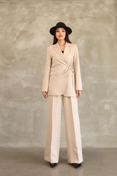 Stil Sepeti Women's Beige Premium Side Tie Blazer Jacket Palazzo Pants Set Drl-10001161