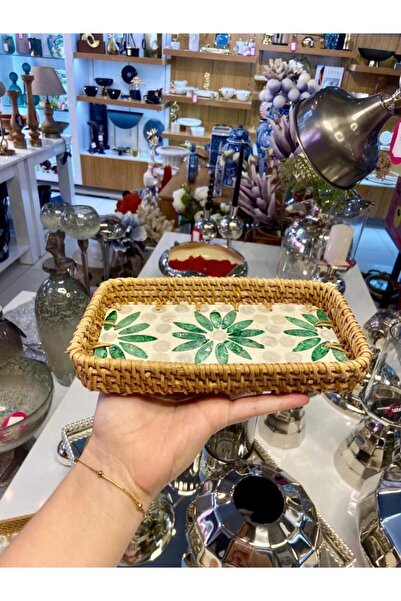 ÇIRPAN EV YEŞİL ÇİÇEK DESEN RATTAN TEPSİ 21X12CM