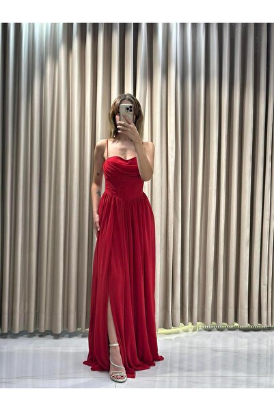 Kaleiçi Yıldızlar Kırmızı Yeni Sezon Şifon Abiye 5621