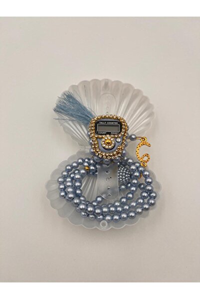 DUHA HAC İSTİRİDYE KUTU İÇERİSİNDE MAVİ RENK TAŞLI ZİKİRMATİK VE İNCİ TESBİH