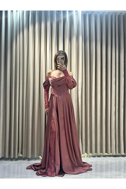 Kaleiçi Yıldızlar Tarçın Kayık Yaka Dantel Kollu Abiye Elbise 5561