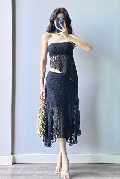Eka Women's Black Lace Crop Skirt Set 1026-221725