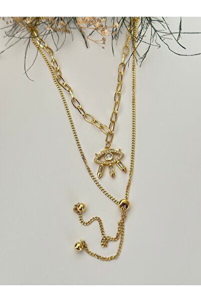 mibrillo Ataç Zincirli Göz Kolye ve Asansör Kolye Çelik İkili Kolye