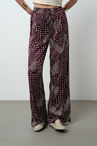 Orfeo Negro Women's Burgundy Color Polka Dot Patterned Wide Leg Elastic Waist Trousers