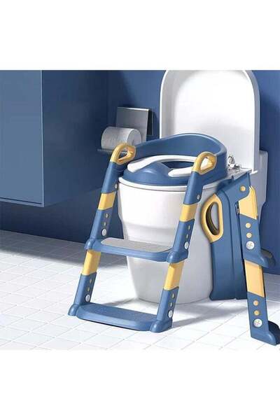 N2Y Toilet Training Seat with Ladder, Foldable 2-in-1 Potty Training Chair with Non-Slip Cushion (Blue)