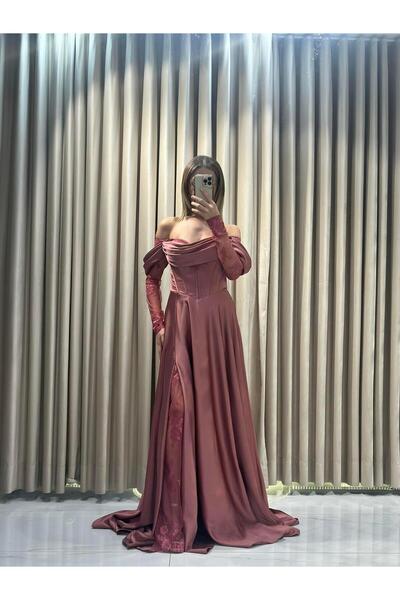 Kaleiçi Yıldızlar Tarçın Kayık Yaka Dantel Kollu Abiye Elbise 5561