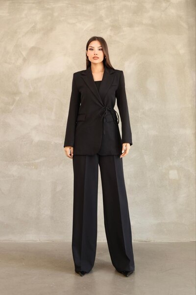 Stil Sepeti Women's Black Premium Side Tie Blazer Jacket Palazzo Pants Set Drl-10001161
