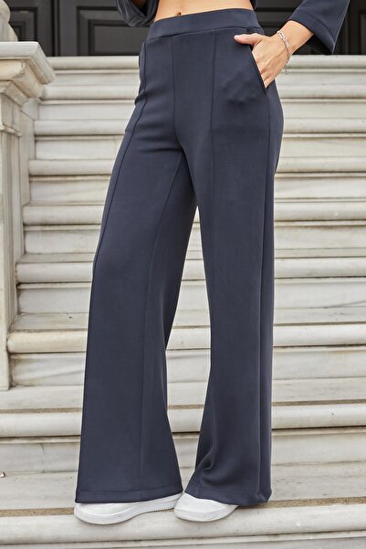 Jument Women's Silky Stretchy Thick Modal Fabric High Waist Front Seam Pocketed Wide Leg Palazzo Pants-Lacive