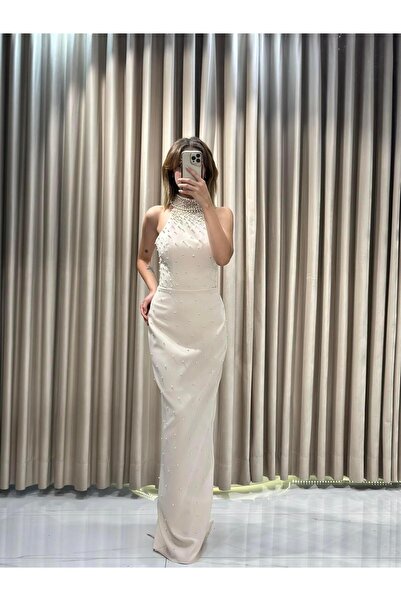 Kaleiçi Yıldızlar Gold Boyundan Bağlamalı İnci İşlemeli Balık Abiye Elbise |