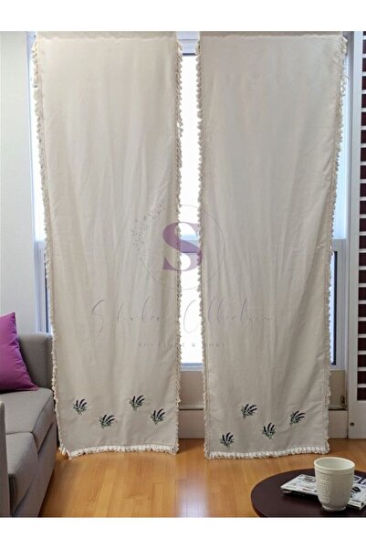 shules collection Lavender Embroidered Tassel Vintage Cotton Linen Curtain (Width X Length) - Single Panel - No Pleats
