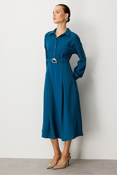 accort Kemer Detaylı Krep Elbise-PETROL