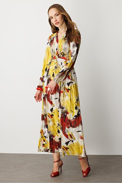 accort V Yaka Desenli Uzun Elbise-SARI