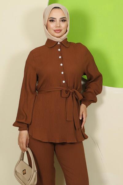 hafsamina Κομψό Σετ Δύο Τεμάχια με Πέτρινη Λεπτομέρεια Καφέ HM2813