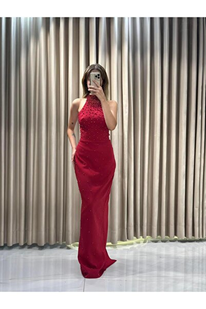 Kaleiçi Yıldızlar Kırmızı Boyundan Bağlamalı İnci İşlemeli Balık Abiye 5633