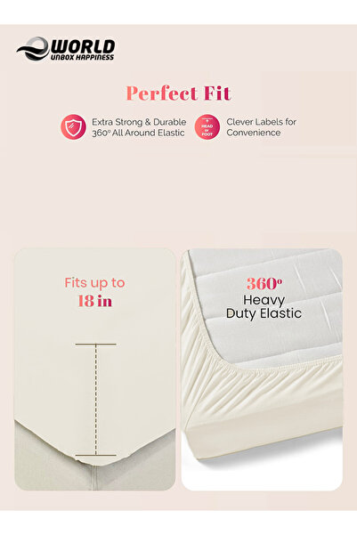 Eworld 3-Piece Cream Cotton Fitted Bedsheet Set with Deep Pocket & 2 Pillow Covers, Queen Size