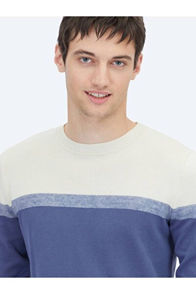 Kip Lacivert Bisiklet Yaka Jakarlı Pamuk Karışımlı Triko Kazak