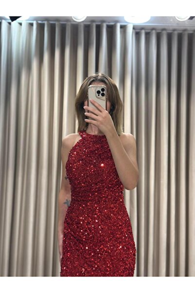 Kaleiçi Yıldızlar Kırmızı Halter Yaka Pul Payet İşlemeli Abiye 1004