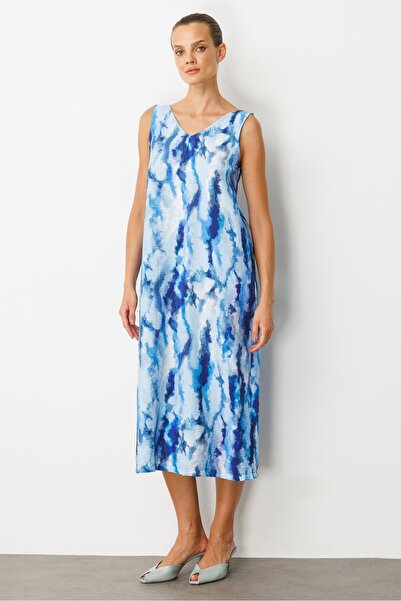 accort Batik Desenli Sırt Detay Elbise-İNDİGO