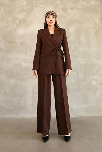 Stil Sepeti Women's Brown Premium Side Tie Blazer Jacket Palazzo Pants Set Drl-10001161