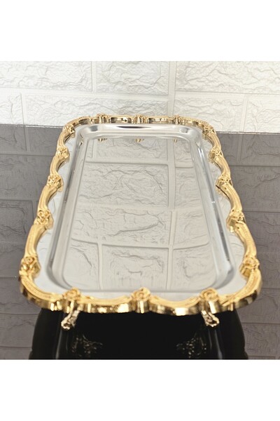 atabey home Single-Leg Presentation Tray & Baton Cake Serving Steel Tray Cast Gold Frame 32 cm