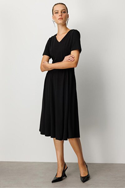 accort V Yaka Midi Elbise-SİYAH
