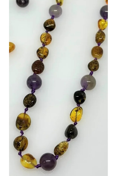 Tesbihci Efendi Damla Kehribar Yetişkin Ametist Tasarım Kolye 70cm