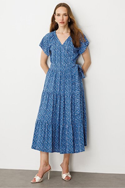 accort Çiçek Desenli Kruvaze Yaka Uzun Elbise-MAVİ
