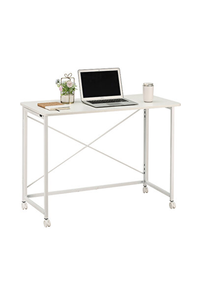 Lawazim Folding Table 100x50x75cm - Computer Desk with Wheels Wooden Top and Iron Legs