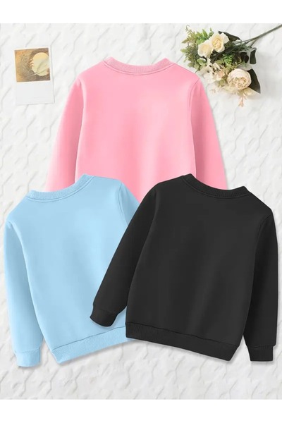 buendiakids Kız Çocuk Siyah Bebemavi Pembe\Stay Different Kalpler Baskılı 3`lü Paket Bisiklet Yaka Sweatshirt